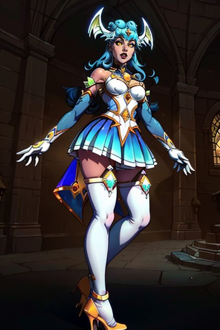masterpiece,best quality,extreme detail,8k,image sharpness,<lora:lilith-10:0.8>, lilith2,1girl,solo,long hair,breasts,bangs,skirt,thighhighs,gloves,dress,bare shoulders,medium breasts,blue hair,full body,yellow eyes,elbow gloves,indoors,white gloves,high heels,white thighhighs,zettai ryouiki,star guardian (league of legends),