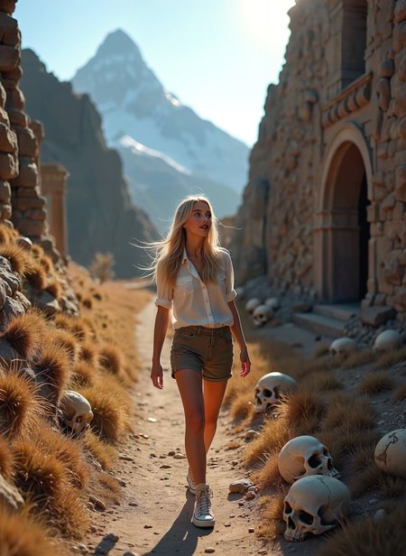 This photograph captures a young woman walking on a dirt path in an ancient ruin. She is wearing a white blouse, green shorts, and white sneakers. Her blonde hair is blowing in the wind, and she is looking off into the distance. The ruins are made of stone and are scattered around her. In the background, there is a mountain range with snow-capped peaks. The sky is blue, and the overall mood of the image is peaceful and serene. The overall mood of the image is dreamy and ethereal. <lora:add-detail-xl:.5>  <lora:Flux-style-xl-lora:.5>