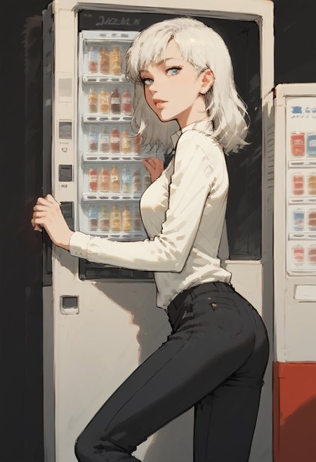 <lora:jihankiKickPony:0.7> jihanki kick, jihanki, vending machine, motion blur, 1girl, high quality, detailed eyes, anime, score_9,score_8_up,score_7_up, source_anime, anime,white hair,blue eyes,leg up,pants,back angle,
BREAK,
 pencil drawing, charcoal sketch, black-and-white, detailed, expressive, high-contrast shading, textured strokes, soft gradients, close-up portrait, smudged charcoal shadows, delicate crosshatching, rough edges, focused composition, dramatic lighting, alternative aesthetic, minimalist background, hand-drawn textures, traditional sketch style, artistic mood, professional rendering, paper texture