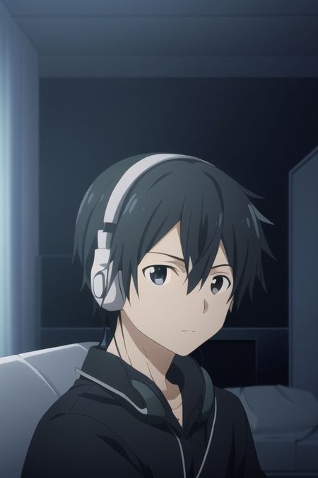 high resolution, professional photography, best quality, 1Boy, Kazuto Kirigaya, Black Hair, Black Eyes, gamer, bedroom, night, pc, sit, headset, potrait,