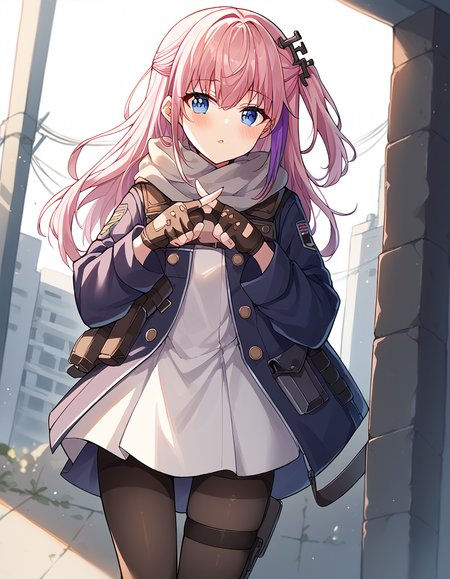 score_9, score_8_up, score_7_up, source_anime, <lora:girlsfrontline-st-ar-15-ponyxl-lora-nochekaiser:1>, st ar-15, blue eyes, hair ornament, long hair, multicolored hair, one side up, streaked hair, pink hair, purple hair,, asymmetrical legwear, black pantyhose, black socks, dress, fingerless gloves, gloves, grey scarf, holster, jacket, pantyhose, scarf, shirt, single leg pantyhose, single thighhigh, strap, thigh holster, thigh strap, thighhighs, uneven legwear, white shirt,, military base, soldiers, secure, buildings, training, , <lora:x-fingers-ponyxl-lora-nochekaiser:1>, x fingers, blush, parted lips,, looking at viewer, solo,, dutch angle, cowboy shot