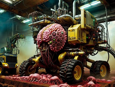 <lora:HorrorAI:.8> TumorPunkAI combine harvester , Highly detailed, horror setting, intricate detailed background