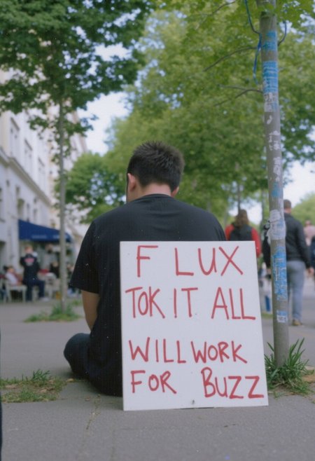 A homeless french man sits on the side of the road holding a sign that reads "FLUX TOOK IT ALL" is seen on the top of the image, with the words "WILL WORK FOR BUZZ" printed on the bottom of the image like an old 1920`s style movie poster