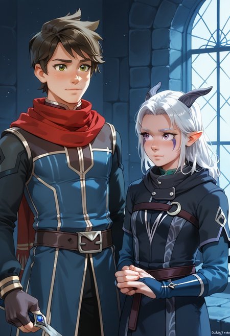 Score_9, Score_8, Score_7, 1girl, 1boy, CalV2, Red Scarf, Blue Mage Outfit, Fingerless Gloves, Rayla, White Hair, Elf Ears, RayHorns, RayFacepaint, Colored Skin, Four Fingered Hand, Alyar Outfit
