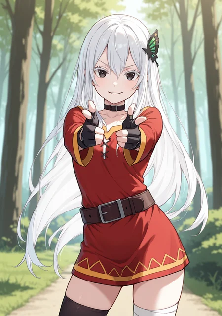 masterpiece, best quality, 1girl, solo, Echidona, white hair, hair between eyes, long hair, thick eyelashes, colored eyelashes, (konosuba:0.85), (megumin:0.75), outdoors, forest, nature, tree, contrapposto, legs apart, standing, black eyes, butterfly hair ornament, RNDFit, belt buckle, buckle, black gloves, fingerless gloves, gloves, bandaged leg, bandages, black thighhighs, short dress, single thighhigh, thighhighs, belt, black belt, black choker, choker, dress, long sleeves, red dress, grass, cowboy shot, looking at viewer, blurry, blurry background, finger gun, pointing at viewer, pointing, double finger gun, v-shaped eyebrows, parted lips, smirk