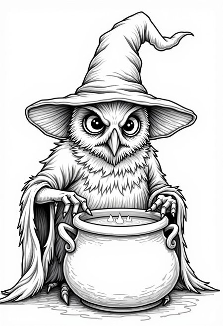 monochrome lineart depicting a scary owl wearing wizard's attire with a pointy hat, performing a dark ritual over a cauldron filled with glowing soup