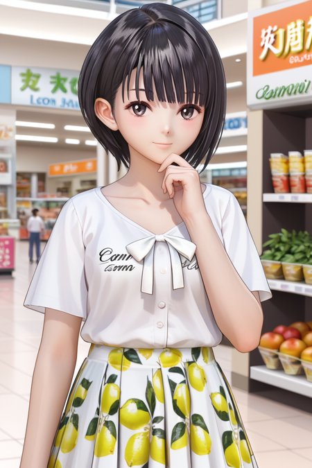 Shirai Hinako, lemon print skirt,casual outfit, 1girl, solo, looking at viewer, short hair, bangs, skirt, simple background, shirt, black hair, shopping mall, cafe background, closed mouth, standing, collarbone, white shirt, short sleeves, cowboy shot, pleated skirt, food, hand up, black eyes, gradient, gradient background, fruit, bob cut, white skirt, hand on own chin, lemon print skirt,  <lora:Shirai_Hinako_Blue_Reflection_Pony:1> anime color, seductive smile,