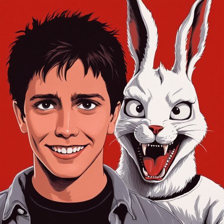 <lora:add-detail-xl:1>
<lora:detailed:0.3>
<lora:perfection style:0.3>
<lora:xl_more_art-full_v1:0.3>
 <lora:Donnie Darko film style:1>
a drawing of a man and a rabbit next to each other,1boy,upper body,male focus,teeth,dated,sharp teeth,red background,monster,horror (theme) , cinematic, film, Donnie Darko film style