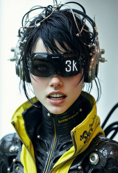 Cyberpunk realistic professional photo in recypu style.

A futuristic young woman with pale skin and black hair styled in a messy, slightly disheveled manner. Her eyes are obscured by a sleek, reflective black visor with the letters "SK" prominently displayed on the front. The visor is connected to her head via intricate, metallic, and mechanical attachments that resemble cybernetic enhancements.

She is wearing a high-tech, black, and neon-yellow futuristic suit adorned with various mechanical components and LED lights, indicating advanced technology. The suit has a high collar and a zipper running down the front, with the word "Sakdevikakan" written in a bold, futuristic font on the collar. Her mouth is wide open, showcasing a row of white teeth, some of which are adorned with small metal piercings. She has a small, silver stud in her nose.

The background is a gradient of white and light gray, providing a stark contrast to the subject, making her features and accessories stand out prominently. The overall composition emphasizes a blend of human and machine, capturing a sense of high-tech futurism and cybernetic enhancement.