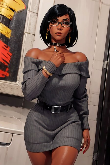 masterpiece,best quality,extreme detail,8k,image sharpness,<lora:pharah-10:0.8> pharah2, 1girl, solo, breasts, looking at viewer, short hair, black hair, dress, bare shoulders, brown eyes, jewelry, medium breasts, cowboy shot, earrings, glasses, choker, belt, dark skin, off shoulder, nail polish, bracelet, sweater, dark-skinned female, lips, tattoo, makeup, swept bangs, watermark, facial mark, short dress, casual, web address, bespectacled, nose, sweater dress, facial tattoo, off-shoulder sweater, eye of horus