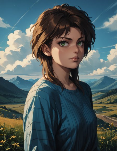 landscape, score_9, score_8_up, score_7_up, score_6_up, score_5_up BREAK ot0m, 1girl, green eyes, brown sidelocks hair, looking at viewer, <lora:OtaKingMondayAshlinPDXL32v1.5tx1-000015:0.9>, golden and blue fractal, thousands of ribbons, spirals, dreamlike, muted colors, dramatic light, hyperrealistic detailed, intricate, photography, soft light, rim light