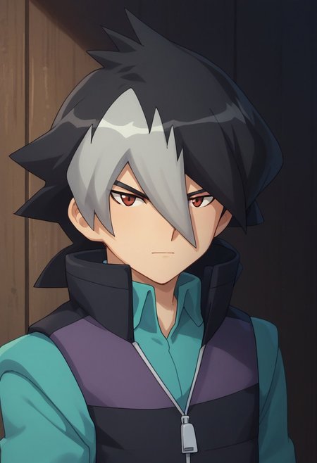 score_9, score_8_up, score_7_up, source_anime, highly detailed, 
kaidou, 1boy, male focus, solo, red eyes, multicolored hair, two-tone hair, black hair, grey hair, bangs, hair between eyes, hair over one eye, shirt, blue shirt, vest, popped collar, zipper, upper body,
outdoor,