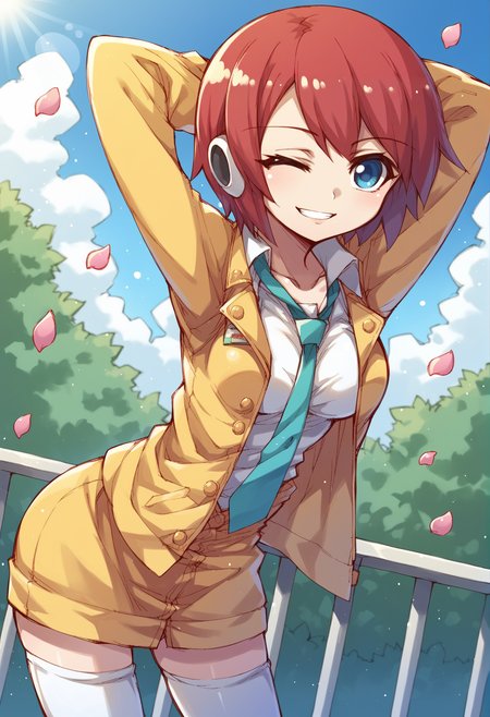 1girl, robot girl, humanoid robot, robot joints, aqua necktie, arm behind head, arms up, blue background, blue eyes, blue sky, blurry, breasts, bush, cloud, collarbone, cowboy shot, day, depth of field, dutch angle, falling petals, glint, hair intakes, half-closed eye, happy, jacket, leaning forward, lens flare, long sleeves, looking at viewer, medium breasts, one eye closed, open clothes, open jacket, outdoors, parted lips, petals, railing, red hair, short hair, sidelocks, sky, smile, solo, standing, stretching, teeth, thighhighs, thighs, undone necktie, white thighhighs, yellow jacket, zettai ryouiki, blurry  <lora:nakayama_tooru_XL:1>, score_9, score_8_up, score_7_up, score_6_up, score_5_up, score_4_up, BREAK source_anime, masterpiece
