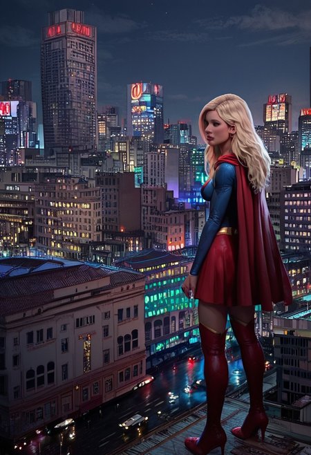 score_9, score_8_up, score_7_up, Joburg, BUILDING,
SCENERY,
CITY,
CITYSCAPE,
OUTDOORS,
SKYSCRAPER,
night, 1girl, losspgirl, blonde hair, long hair, blue eyes, bodysuit, long sleeves, red cape, red skirt, red high heels thigh boots,