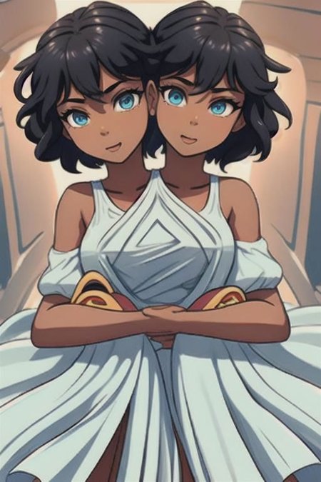masterpiece, best quality, shorthair, black, darkskinnedfemale, <lora:conjoined_dicephalus:1>, (conjoined_twins, hugging, two heads:1.5), 1girl, masterpiece, best quality, peplos, greek clothes, blue eyes, dark skin, bare shoulders, earrings, flat chest, jewelry, solo, smile, bedroom <lora:WonderWoman:1.5> (from behind:1.5), back, looking down,hugging