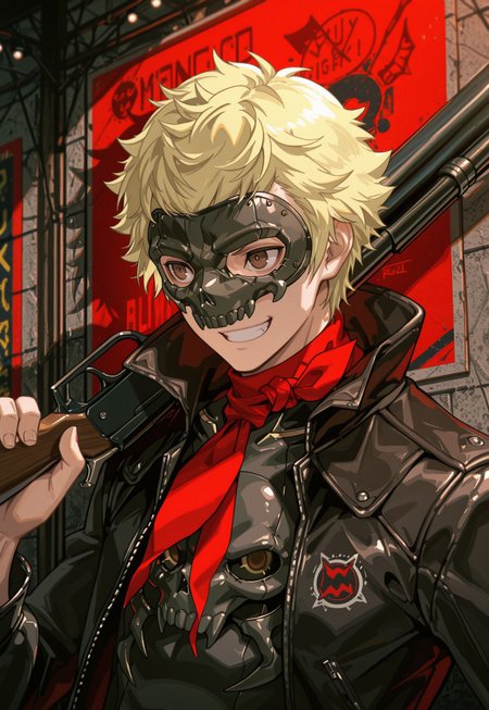 masterpiece, best quality, very aesthetic, absurdres, ryuji, 1boy, male focus solo, brown eyes, blonde hair, short hair, skull outfit, mask, skull mask, jacket, black jacket, high collar, leather jacket, leather, scarf, red scarf, grin, upper body, indoor, darkness, dark, lights, red lights, holding shotgun, meance smile, shadow, portrait, pump shotgun, 