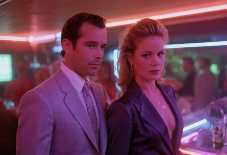 (80sPortrait), indoors, bar, man and woman, suit, neon lights