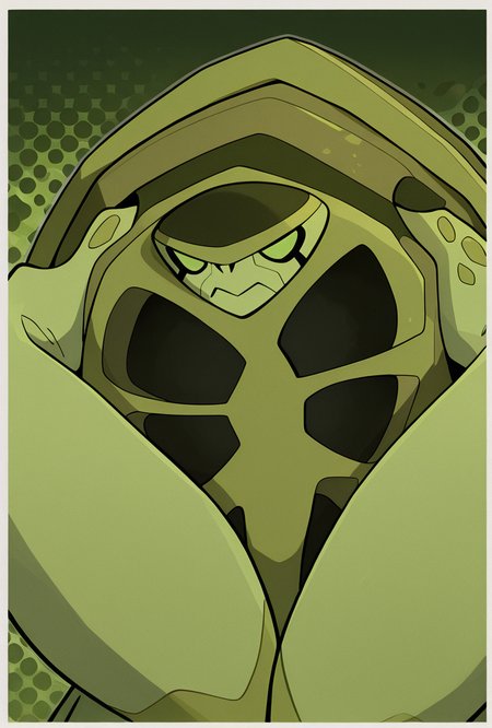 <lora:terraspin-06:1> terraspin, pokemon (creature), solo, no humans, closed mouth, green eyes, green skin, shell, turtle, green background,, masterpiece, best quality, amazing quality, very aesthetic, absurdres, newest,, upper body, halftone effect, white borders, abstract background:1.2,