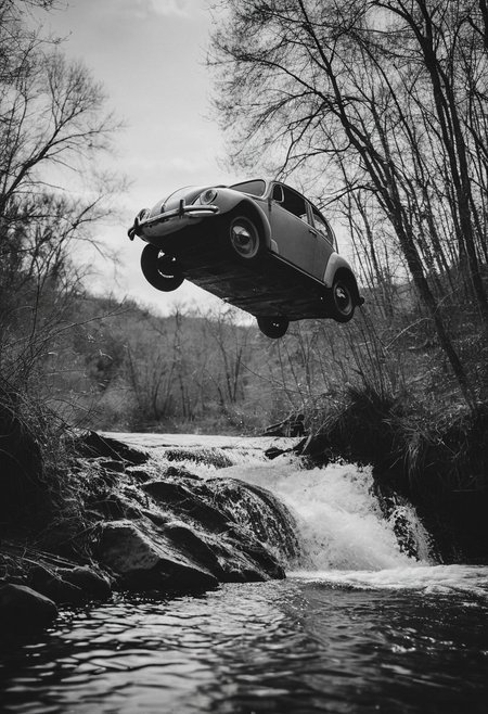 high-contrast monochrome palette, subtle grain, timeless feeling, cinematic quality, modern art photograph, a VW Beetle in mid-air jumping off a ramp across a creek