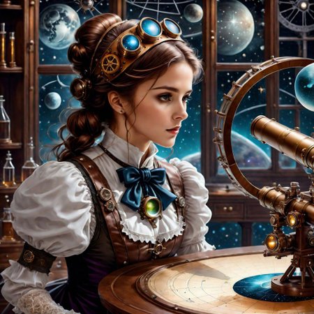 A steampunk-style telescope stands on a table in the laboratory,beautiful cute girl looking through a telescope, star map,