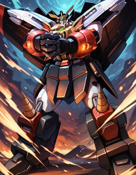 (score_9:0.9),score_8_up,score_7_up,rating_safe,(zPDXL3),(zPDXL),anime_style,
<lora:GaoGaiGar girl ponyXL v1:0.9>,
gaogaigar,no humans,super robot,solo,glowing eyes,clenched hands,science fiction,looking at viewer,v-fin,from below,full body,own hands together,fighting stance,