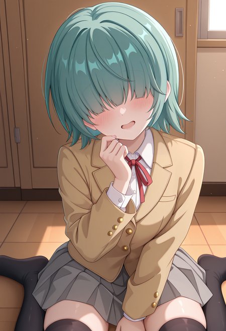 highres, best quality, masterpiece, indoors,
1girl, rlpcaoi, short hair, aqua hair, green hair, hair over eyes, covered eyes,
school uniform, sch brown jacket, blazer, shirt, red ribbon, grey skirt, black thighhighs,
blush, head tilt, open mouth, 
sitting, wariza, hand up,
<lora:_aoi_pcr-elesico-ilxlG:1>
