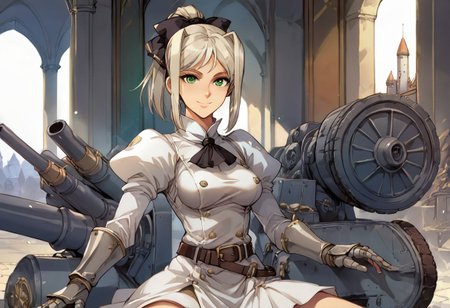 score_9, score_8_up, score_8, score_7_up, score_7, anime of hmkshll, green eyes, platinum blonde hair, high ponytail, bangs, sidelocks, hair ribbon, knight dress, gauntlets, belt, medium breasts, castle, posing for a photo, facing viewer, looking at viewer, female focus,  (dynamic lighting:1.1), Sitting on a Cannon, , looking at a Cannon, Culverin, smiling ,  ground vehicle, military vehicle,bslskspg, basilisk, Basilisk Self-propelled Gun 
((masterpiece))