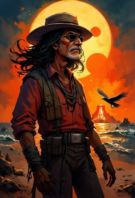 Mexican man,  man look like Charles Bronson chaman with dark hair, dressed as a mexican cowboy with sun glasses and old face, he is looking at side seeing a moon and sun eclipse. Behind him You can see a raven flying freely and happy, You can SEE to a volcano erupting thunders and music waves in a electric
 atmosphere.
Text: "Rey trueno"
