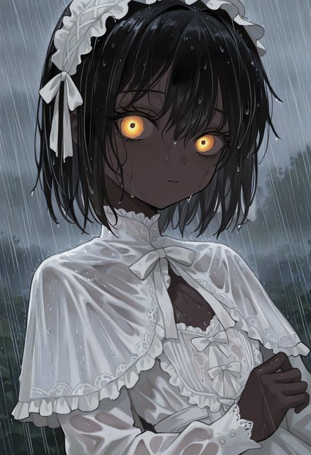 masterwork, perfect quality , amazing quality, absurdres, newest, hyper detailed, detailed, masterpiece, highly detailed, best quality, absolutely eye-catching, 1girl, solo, theprincess, dark-skinned female, very dark skin, black hair, short hair, yellow eyes, petite, flat chest, maid headdress, frilled hairband, white dress, long sleeves, capelet, white bow, glowing eyes, portrait, face focus, close-up, rain, wet, soaked, wet hair, glossy skin, shiny skin, looking at viewer <lora:theprincess-illust:1> <lora:NOOB_vp1_detailer_by_volnovik_v1:0.3> <lora:spo_sdxl_10ep_4k-data_lora_webui:0.6> <lora:748cmSDXL:0.3> <lora:mon_monmon2133:0.4> <lora:noobai_vpred_1_masterpieces_v23:0.5>