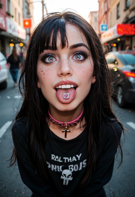score_9, score_8_up, score_7_up, score_6_up, score_5_up, score_4_up, BREAK, RAW, photo, 8k, very sharp, (source_real:1.3), street,
cute young goth limbo, freckles, blush, bangs, long hair, black makeup, over the shoulder sweater, collar with metal ring, open mouth, tongue out, [stud], white teeth, (cross eyed), 34tp4p3r
<lora:MJ52:0.4>  <lora:CinematicStyle_v1:0.4>  <lora:officialpit_style_v11:0.3>  <lora:34tp4p3rXLP:1>