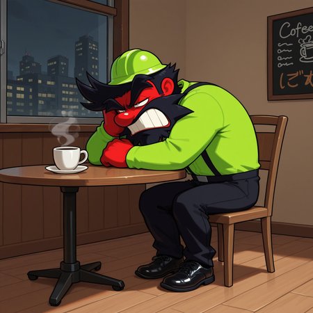 Anton, 2d, solo, 1boy, human, man, red skin, red body, black pupils, lime green shirt, long sleeves, small lime green hard hat, black pants, black suspenders, black shoes, black hair, scruffy long black beard, black eyebrows, big red nose, broad shoulders, short, small legs

BREAK sitting on chair, half closed eyes, grumpy, gritting teeth, head in hand, arm on table, table

BREAK best quality, amazing quality, very aesthetic, absurdres, newest, indoors, cafe, window, coffee on table, steam