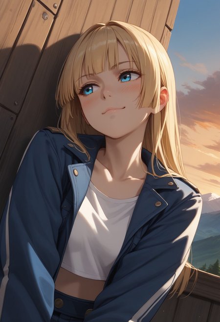 (score_9, score_8_up, score_7_up), 1girl, solo,( blonde hair), blue eyes, long hair, hime cut, long bangs, small breasts, collarbone,  open jacket, white crop top, leather jacket, blue jacket, sunset, leaning on wall, wooden wall, 
( face focus, from below, close-up:1.3),  metal railguard, mountains, 
fisheye, (relaxed, looking away, dutch angle:1.2), 
smug, blush