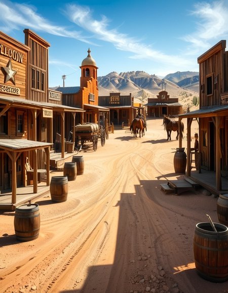 A classic Wild West town in the late 1800s, surrounded by arid desert and towering rock formations. The dusty main street is lined with wooden buildings, including a saloon with swinging doors, a sheriffâs office with a star emblem, a general store with a wooden sign, and a blacksmithâs shop with tools hanging outside. Old-fashioned wooden wagons are parked along the street, and a few horses are tied to hitching posts. The atmosphere is lively, with cowboys wearing wide-brimmed hats, boots, and leather dusters walking around, some talking near the saloon while others ride horses. The sky is bright blue with a few wispy clouds, and the sunlight casts long shadows on the ground. In the background, a water tower stands tall, and a windmill slowly turns in the breeze. The scene is full of rustic details, evoking the adventurous spirit of the American frontier.<lora:SDXLFaeTastic2400:0.4> <lora:extremely_detailed:0.4> extremely detailed, <lora:Western_v1ll4g3:1>,Western v1ll4g3, Masterpiece,best quality,hi res,8k,hi res,8k,award winning,(sharp focus, intricate, highly detailed),