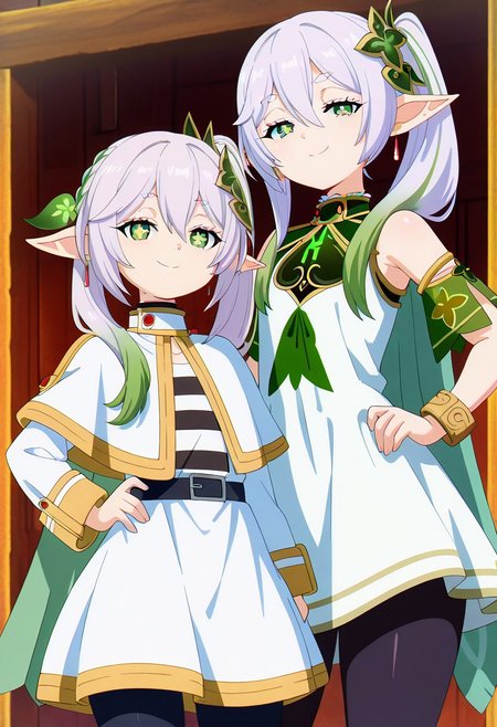 masterpiece, best quality,  
(2girls, multiple girls), 
zzNahida, green eyes, cross-shaped pupils, symbol-shaped pupils, long hair, multicolored hair, pointy ears, white hair, hair ornament, gradient hair, side ponytail, green hair, hair between eyes, leaf hair ornament, sidelocks, white dress, detached sleeves, sleeveless dress, bracelet, bare shoulders, green cape,
zzFrieren, long hair, twintails, green eyes, grey hair, pointy ears, elf, shirt, long sleeves, jewelry, earrings, striped, capelet, striped shirt, white skirt, black pantyhose,
cowboy shot, hand on hip, smug, smile, looking at viewer, shiny skin,