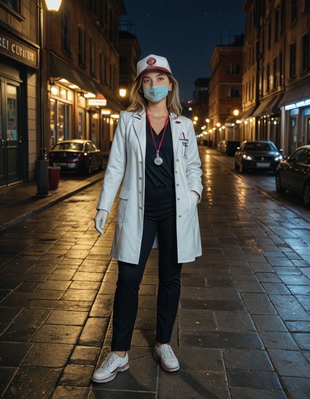 cowboy shot, looking at viewer,female_focus, medium close-up,,A woman wearing a White coat, stethoscope, trousers, mask, cap, badge, medical shoes ,stands confidently in a bustling city street at dusk. The streetlights cast a warm glow on the pavement, and neon signs flicker in the background. The personâs white gloves contrast sharply against the dark outfit, adding a touch of elegance. A light evening mist rises from the ground, creating a cinematic atmosphere. Pedestrians pass by, some glancing curiously at the well-dressed figure. The cityscape features modern and old architecture, blending tradition with contemporary urban life.
<lora:SDXLFaeTastic2400:0.4> <lora:extremely_detailed:0.4> extremely detailed, Masterpiece,best quality,hi res,8k,hi res,8k,award winning,(sharp focus, intricate, highly detailed),