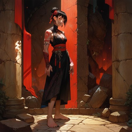 score_9, score_8_up, score_7_up, score_6_up, score_5_up, score_4_up, 1girl, detailed, masterpiece, solo, pale skin, red eyes, black hair, black nails, bangs, cleavage, 2 fangs,  smile, earrings, legs, feet, stone floor,  standing,