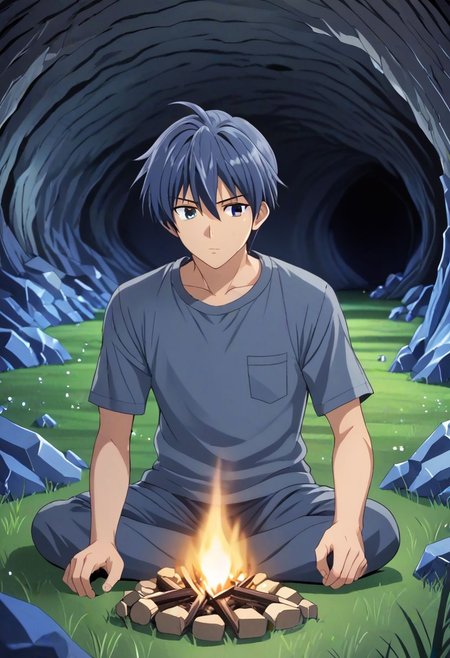 high resolution, solo, best quality, 1Boy, Tomoya Okazaki, Grey Blue Hair, cave, bunker, field Ration, bonfire, OverallDetail
