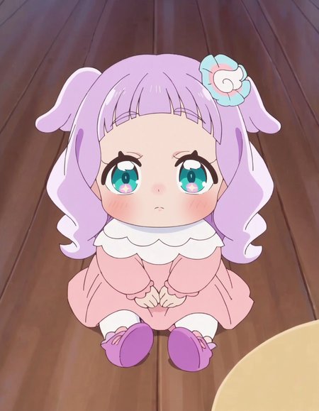 score_9, score_8_up, score_7_up, anime screencap, solo,1girl,ellee-chan,  looking at viewer, sitting, :o, wooden floor, dress, hair ornament, blush, on floor, pink dress<lora:ellee-chan:0.8>
