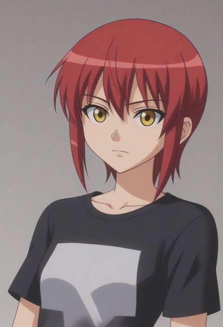 source_anime, anime screencap, source_anime, auratheguillotine, anime screencap, masterpiece, source_anime, shiny skin,,,,,,black t-shirt,1girl, solo, rza, red hair, yellow eyes,