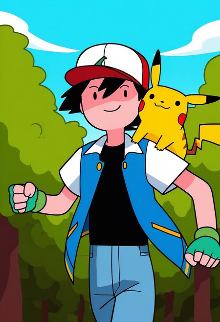 adventure time, dot eyes,
ashpk, 1boy, male focus, solo, black eyes, black hair, hair between eyes, hat, baseball cap, shirt, black shirt, multicolored clothes, multicolored jacket, jacket, blue jacket, white jacket, open jacket, open clothes, short sleeves, pokemon (creature), pikachu, pikachu (pokemon), pokemon on shoulder, smile, running, perspective, gloves, green gloves, fingerless gloves,
outdoor, sky, day, tree, 1990s_(style), masterpiece,best quality,amazing quality,very aesthetic,absurdres,newest,huge filesize,