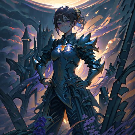 masterpiece, best quality, absurdres, detailed, 1girl, solo, AkiraGGN, short hair, brown hair, purple eyes, yellow hair bow, armor, knight, fantasy, pixiv fantasia, flower field medium breasts, parted bangs, ponytail, standing, hands on hips, grin, <lora:AkiraGGN:1> <lora:djzEndGate_v15:1> <lora:5shotStyle_v10:.3>