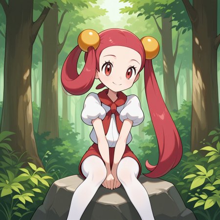 1girl, solo, mira (pokemon), smile, very long hair, pink hair, red hair, hair rings, twintails, hair beads, asymmetrical hair, tied hair, red eyes, red scarf, white shirt, puffy short sleeves, red shorts, short shorts, white pantyhose, legwear under shorts, sitting on rock, arms between legs, forest