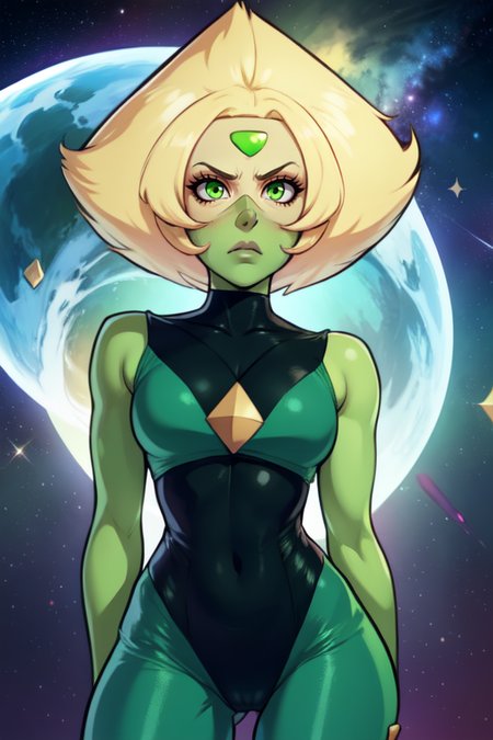 Peridot,green skin,forehead jewel, green eyes,blonde hair,
leotard, head shades.  cameltoe,  hips, 
serious,  
 solo, upper body,    cowboy shot,  standing, 
stars, space,  milky way,
 (insanely detailed, beautiful detailed face,masterpiece, best quality)  <lora:Peridot:0.8>