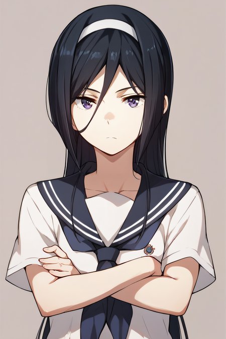 score_9, score_8_up, score_7_up, score_6_up, score_5_up, score_4_up, BREAK source_anime, masterpiece, best quality, ultra quality, <lora:PONY_Irisu:1>, irisu, black hair, long hair, purple eyes, hairband, serafuku, short sleeves, looking at viewer, simple background, expressionless, upper body, frontal view, crossed arms, five fingers
