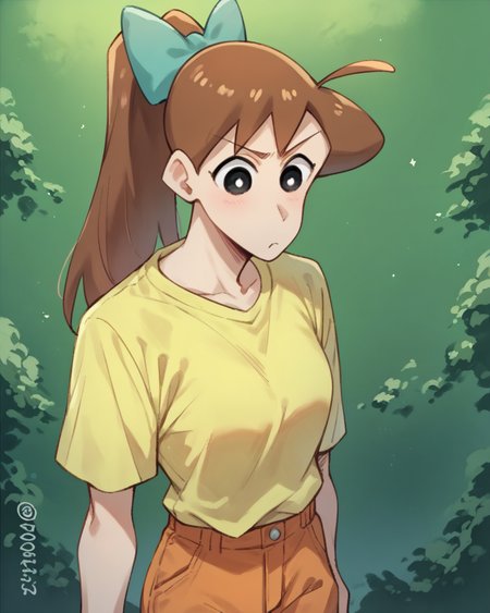score_9, score_8_up, score_7_up, score_6_up, score_5_up, score_4_up,
<lora:Ishizaka_Midori_PONY:1>,ishizaka midori, 1girl, solo, brown hair, high ponytail, long hair, black eyes, ahoge, hair bow, yellow shirt,orange pants,style parody, parody,
