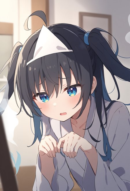 1girl,sincos, ningen mame, toosaka asagi,solo,medium breasts,
triangular headpiece, shiroshouzoku, hitodama, ghost pose,<lora:triangularheadpiece_XL_v1:0.9>
ghost,  white japanese clothes, long sleeves,  wide sleeves,ghost tail
from behind, portrait, looking ahead, blue hair, brown eyes,anguish, skyscraper, open mouth, quad tails hair,,
best quality, very aesthetic, absurdres