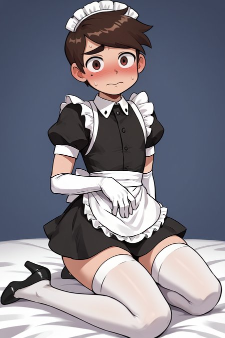 score 6 up,score 7 up, score 8 up,score 9,blush,short sleeves,looking at viewer,  <lora:marco_diaz:0.7>,marco diaz,brown hair,mole under left eye,short hair,solo,thick eyebrows,<lora:Lucyla_Art_Style:0.4>,male focus,maid headdress,maid uniform,,embarrassed,black heels,white elbow gloves, white stockings