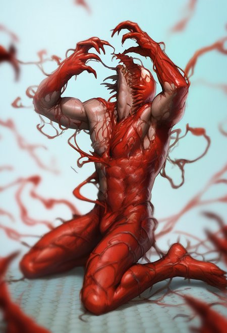 embedding:Pony\Positive\zPDXL3, score_9, score_8_up, score_7_up, score_6_up, 1boy, carnage_assimilation, transformation, dehumanization, carnage, red symbiote, appendage, razor-sharp teeth, red slime (substance), red symbiote, bounded, kneeling, throwing head back, masterpiece, best quality, depth of field, vfx