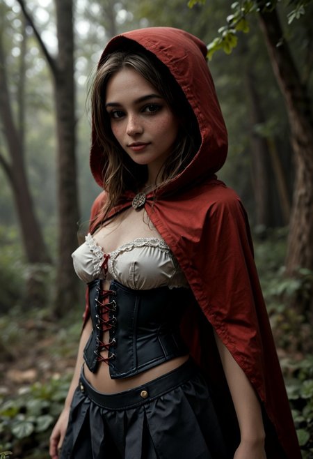 epiCRealism, (masterpiece:1.3), highes quality, High quality photo, Little Red Riding Hood weary in the woods, white blouse rimmed with lace and underbust corset, deep red hooded cape, red hood up, short white frill skirt, freckles, freckles on chest, nipslip, darkness, side view, looking over her shoulder to viewer, chiaroscuro, troubled smile, low-key, RAW photo, subsurface scattering, heavy shadow, (high quality:1.4), (intricate, high detail:1.2), professional photography, realistic, ultra realistic, photorealistic, high resolution, film photography, ambient lighting, atmospheric effects, highly detailed and hyper realistic photo of analog film photo of detailed sharp image, very detailed forest background