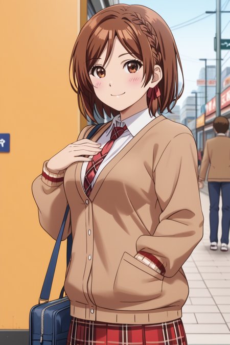 Japanese girl, <lora:sakuramori_akane_cnd_pony:1> sakuramori akane, 1girl, solo, looking at viewer, blush, smile, short hair, brown hair, shirt, long sleeves, ribbon, brown eyes, school uniform, hair ribbon, white shirt, braid, necktie, collared shirt, plaid skirt, cardigan, red necktie, single side braid, one hand on chest, brown cardigan, pedestrian, cities shopping district, side view, proportional body, cowboy shot, full body